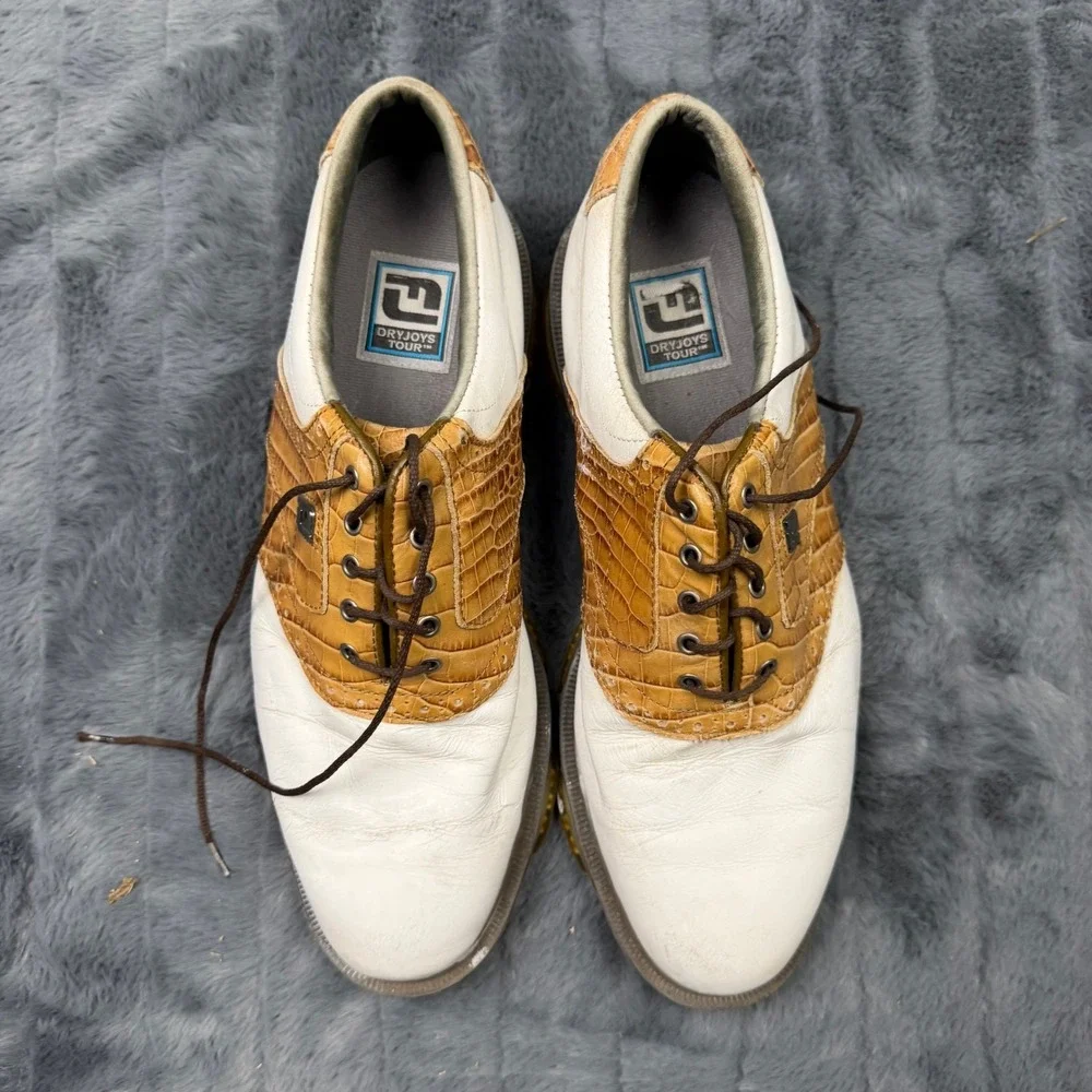 FootJoy DryJoys Tour Golf Shoes Mens 10.5 M White Brown Crocodile Saddle Spiked